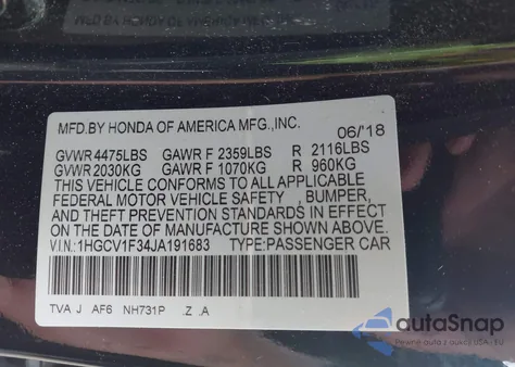 2018 Honda Accord Sport z USA, uszkodzony, nr VIN 1HGCV1F34JA191683